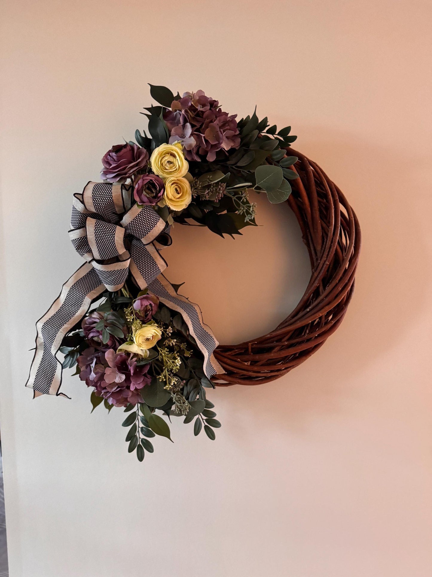 The Eden - Willow Vine with Purple Hydrangeas and Pale Green Ranunculus