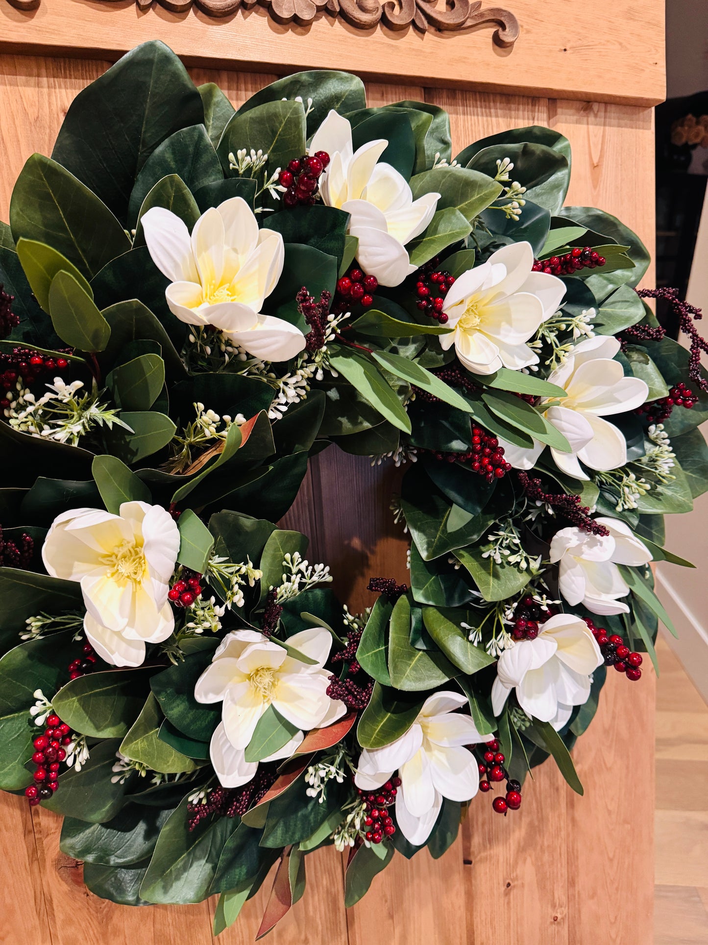 The Aurora Borealis - Winterberry and White Holly on Magnolia