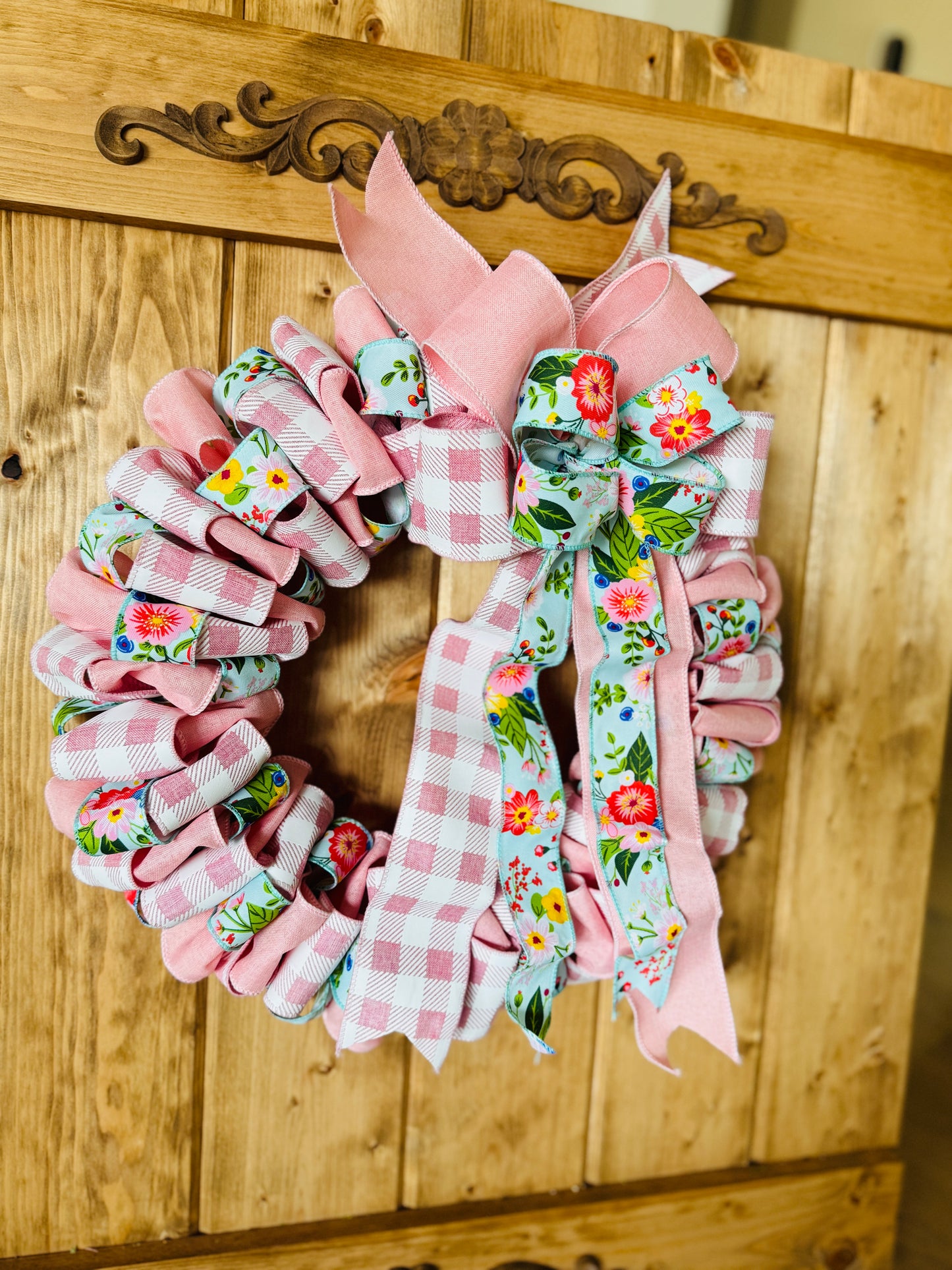 The Secret Garden - Pink Floral and Buffalo Check Ribbon Wreath