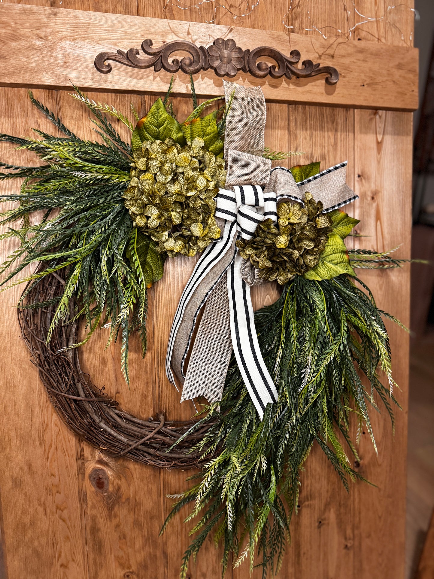 The Eleanor - All-Season Grass with Green Hydrangeas and Bow