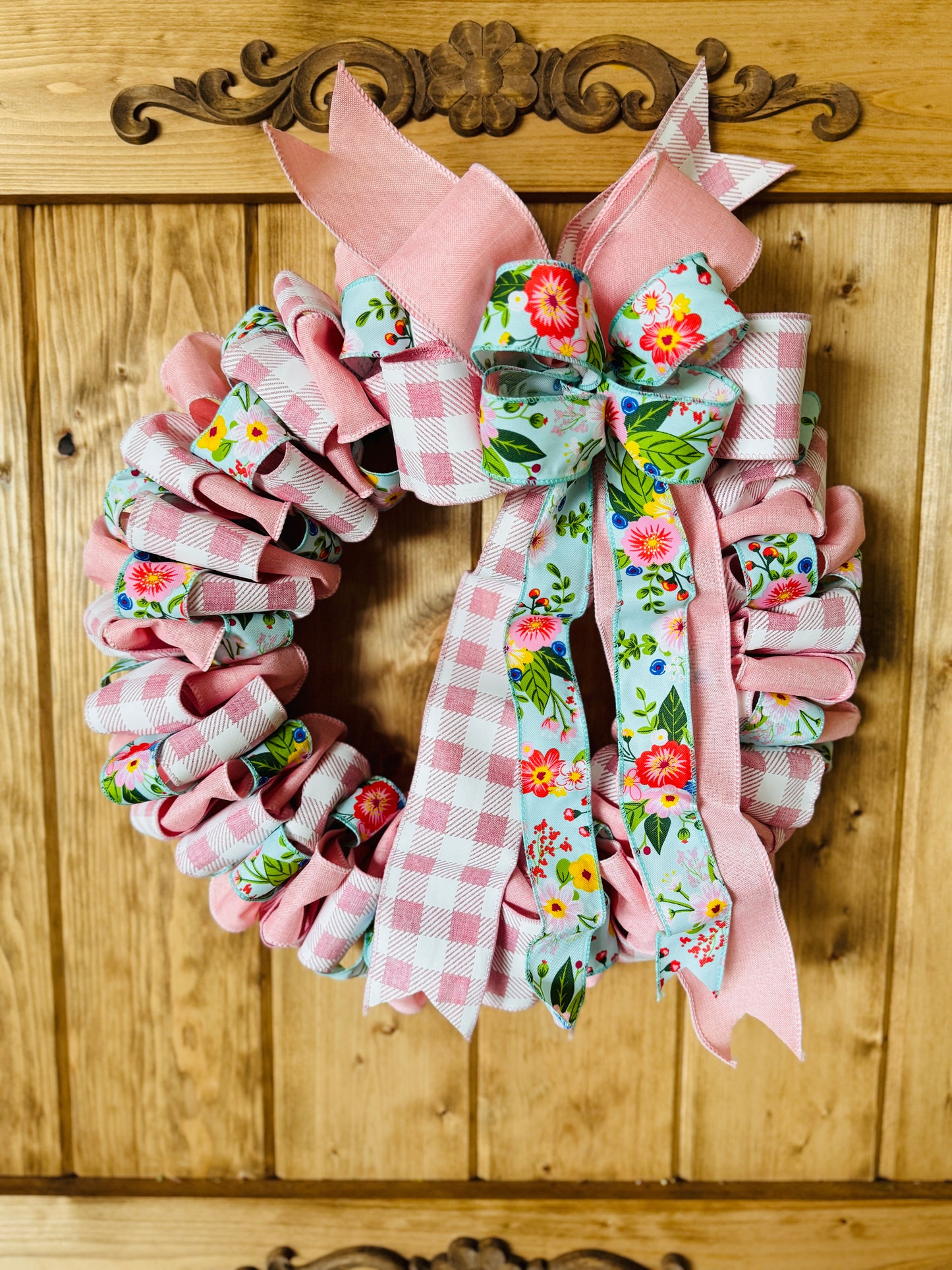 The Secret Garden - Pink Floral and Buffalo Check Ribbon Wreath