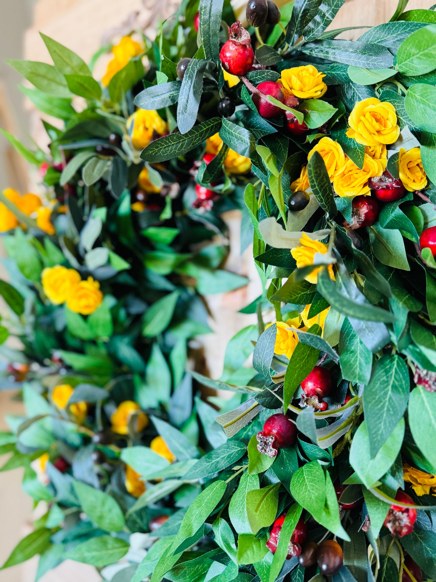 The Mediterranean - Olives, Red Rose Hips and Yellow Tea Roses.