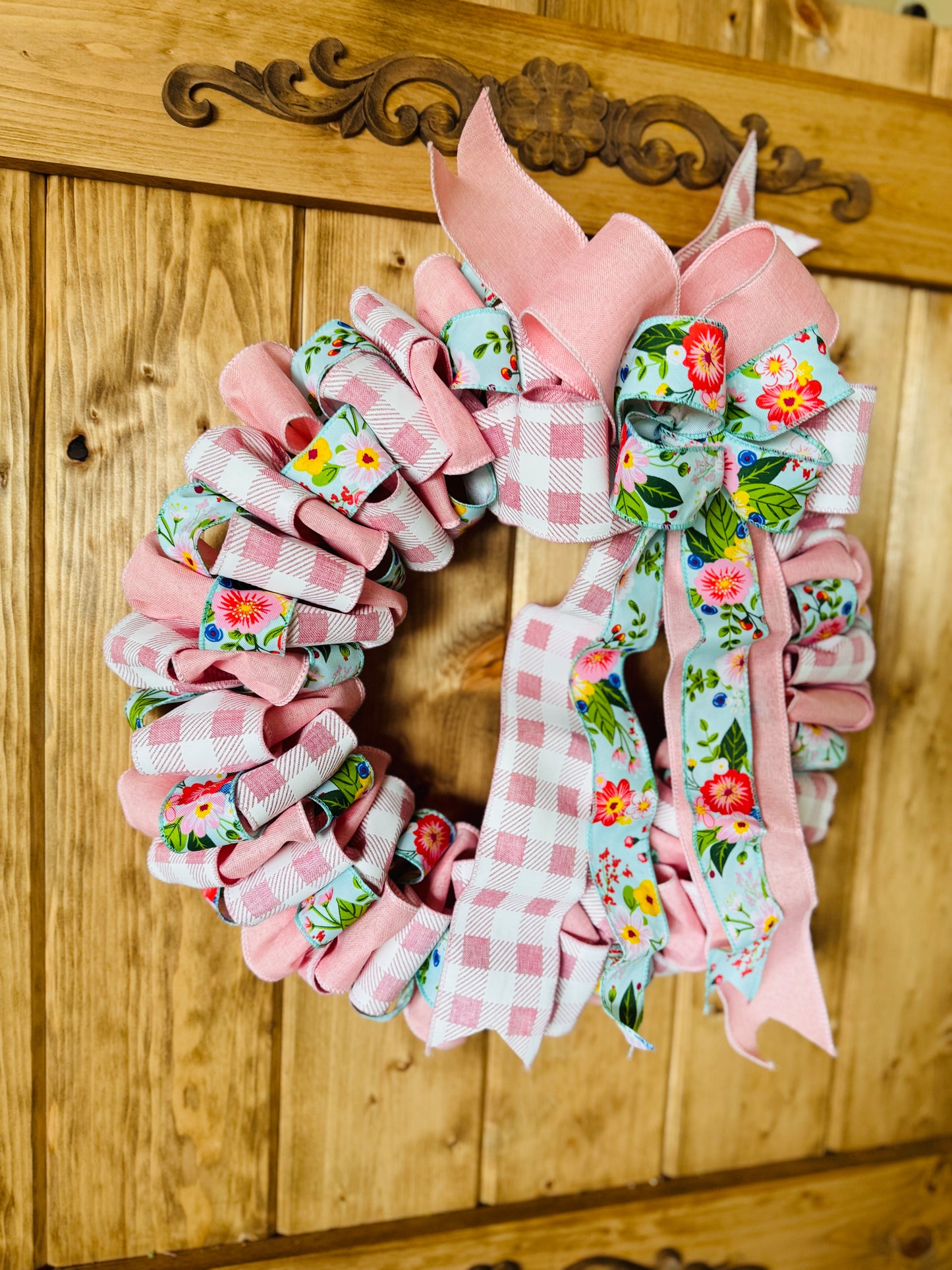 The Secret Garden - Pink Floral and Buffalo Check Ribbon Wreath