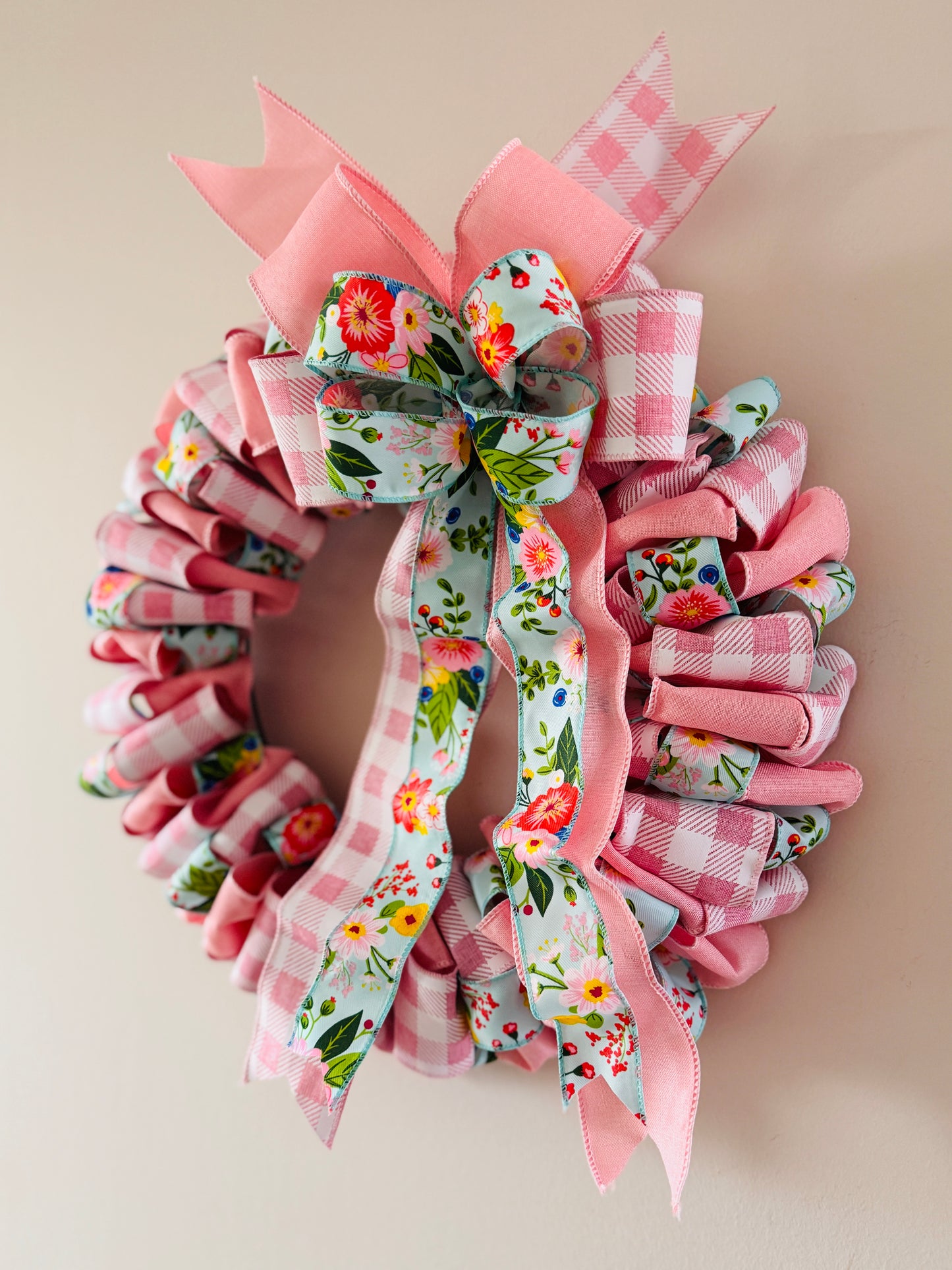 The Secret Garden - Pink Floral and Buffalo Check Ribbon Wreath