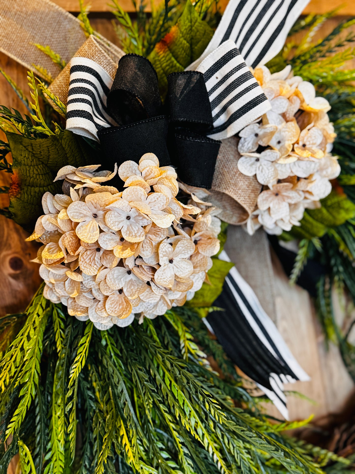 The Salish-  Cream Hydrangeas on Cascading Grass with Bow