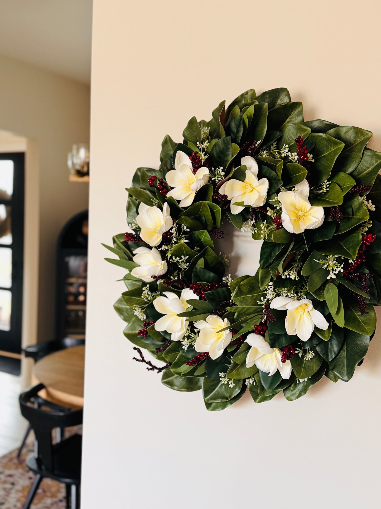 The Aurora Borealis - Winterberry and White Holly on Magnolia