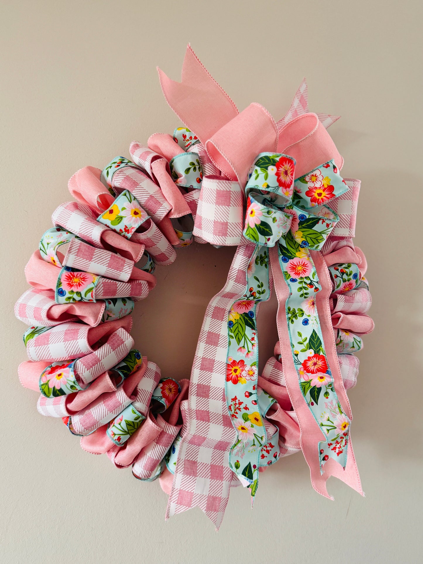 The Secret Garden - Pink Floral and Buffalo Check Ribbon Wreath