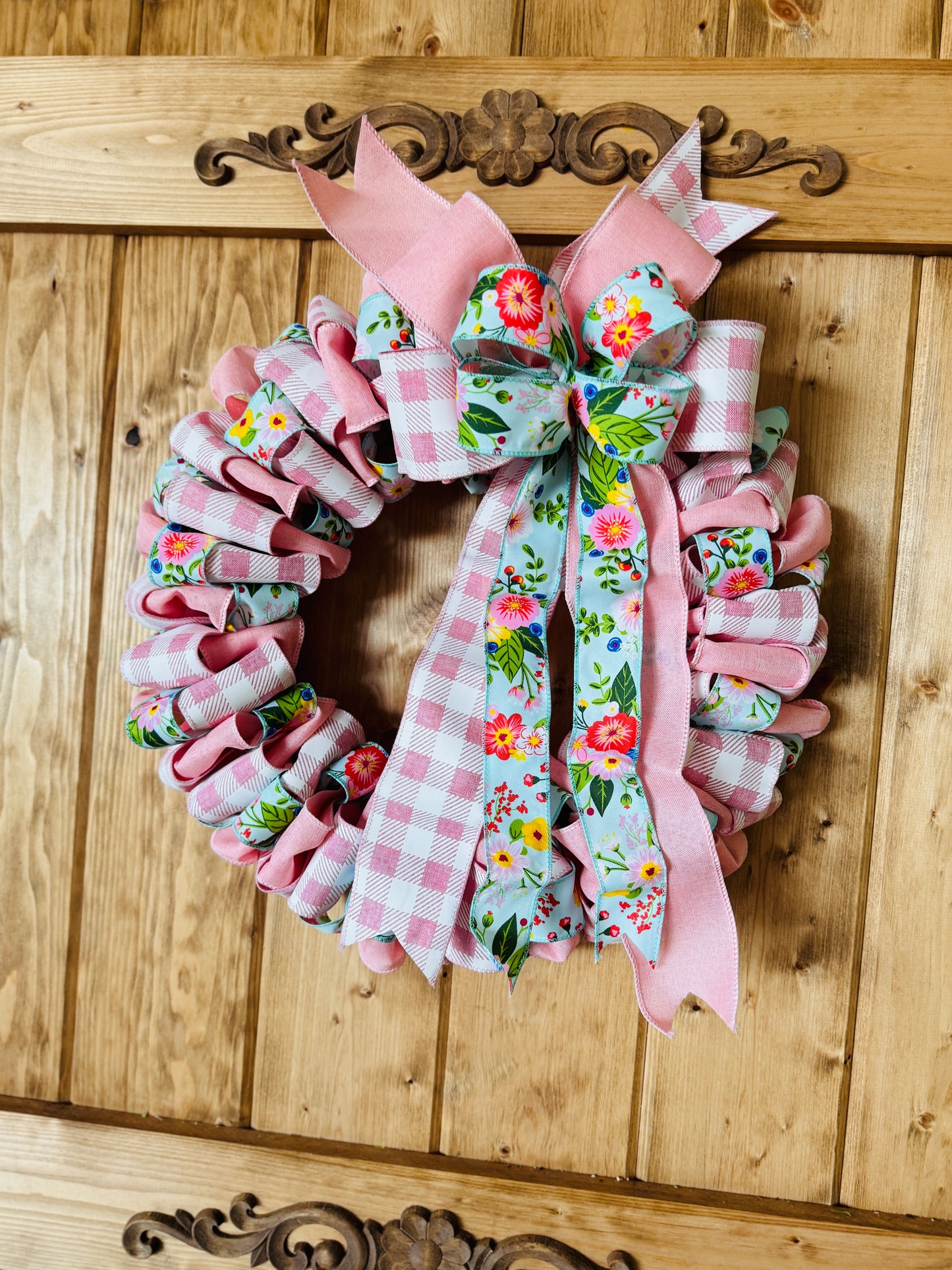 The Secret Garden - Pink Floral and Buffalo Check Ribbon Wreath