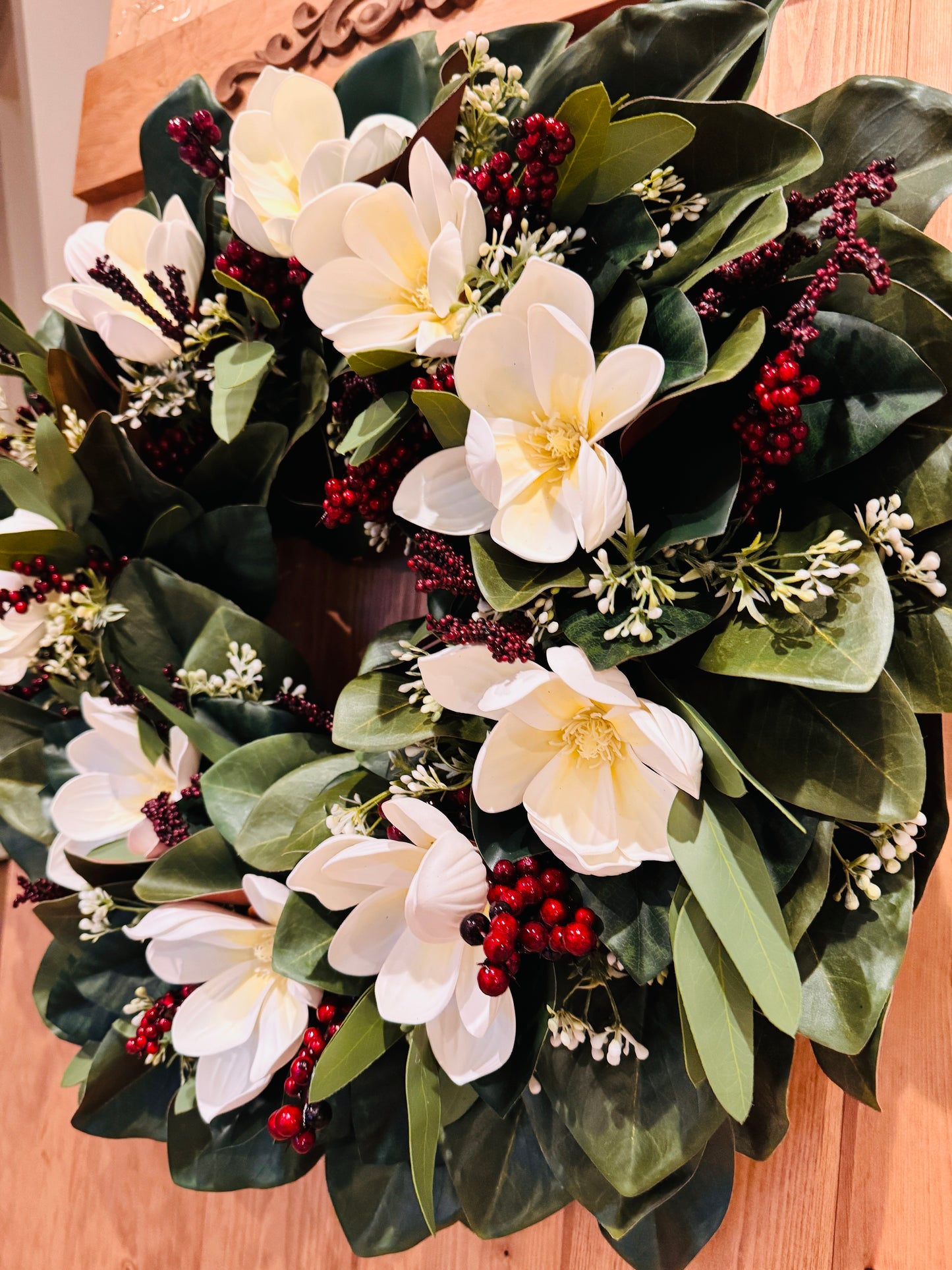 The Aurora Borealis - Winterberry and White Holly on Magnolia