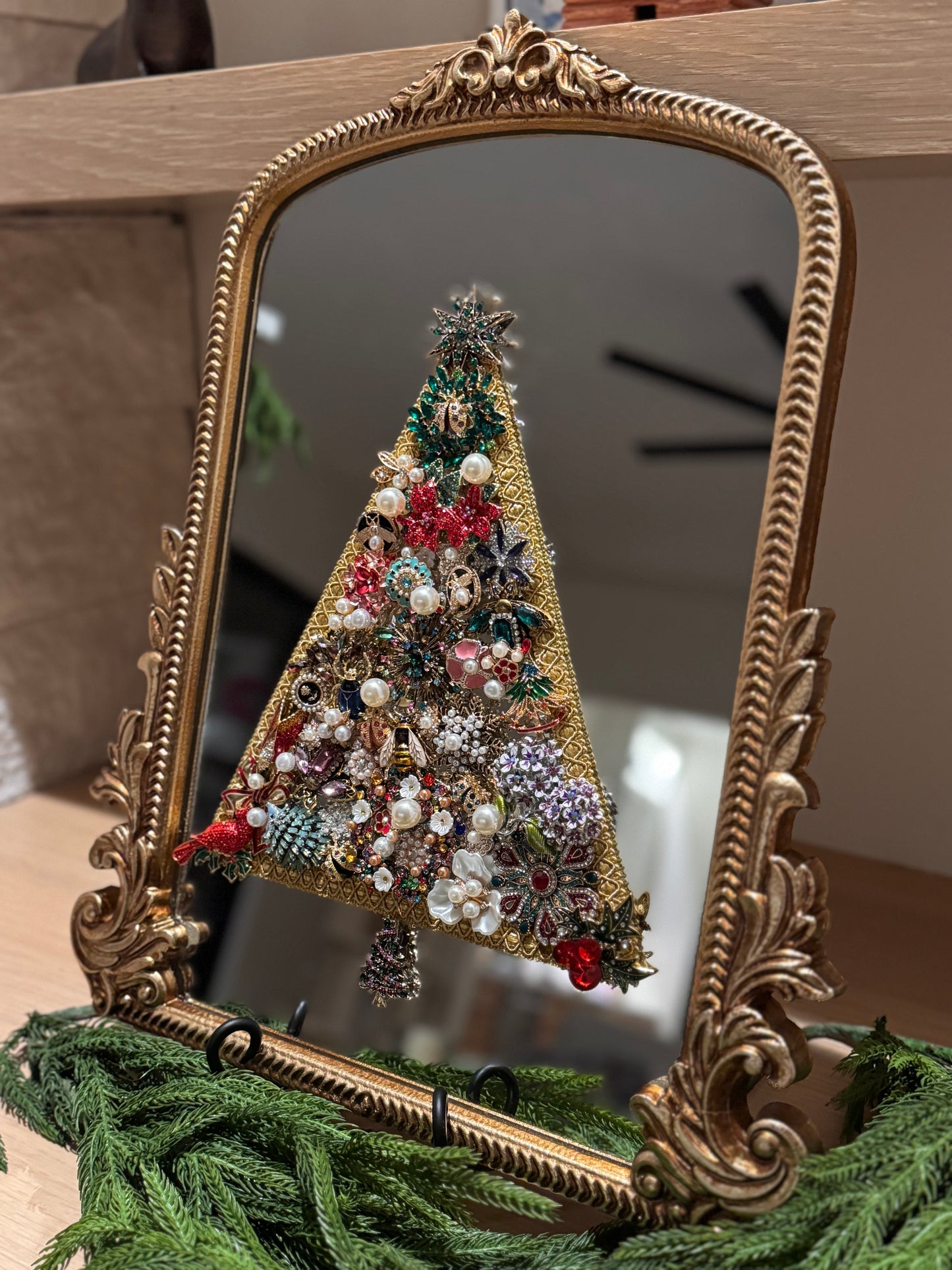 All That Glitters - Vintage Inspired Brooch Mirror Art, Christmas Tree