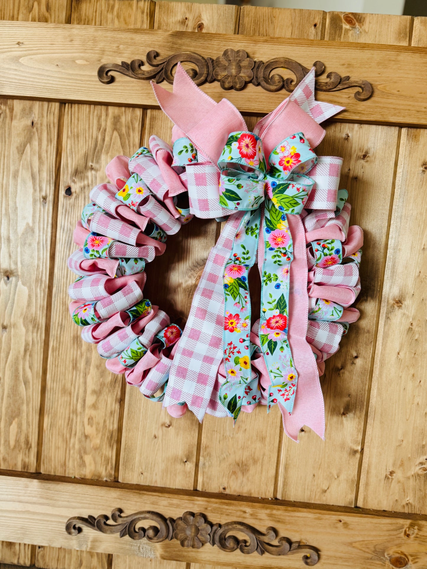 The Secret Garden - Pink Floral and Buffalo Check Ribbon Wreath