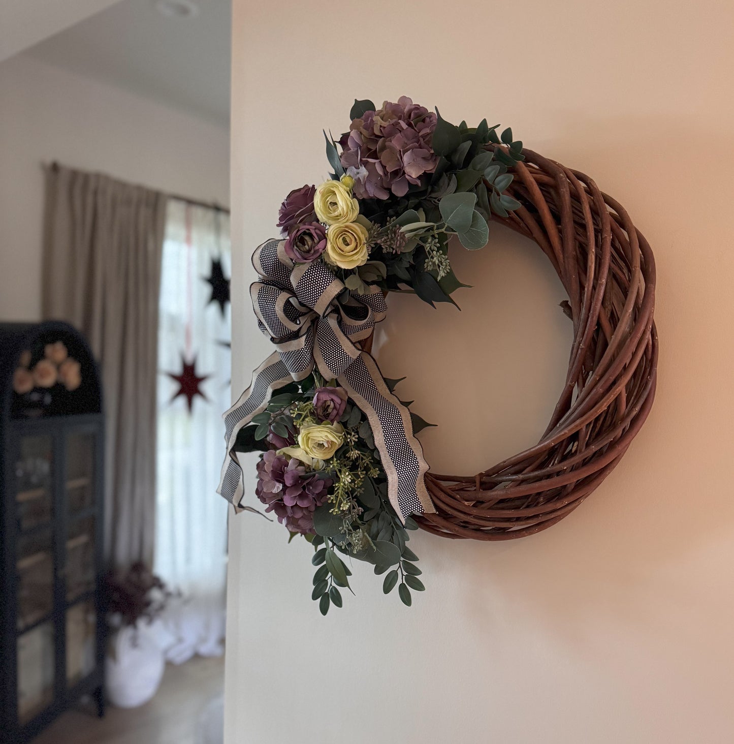 The Eden - Willow Vine with Purple Hydrangeas and Pale Green Ranunculus