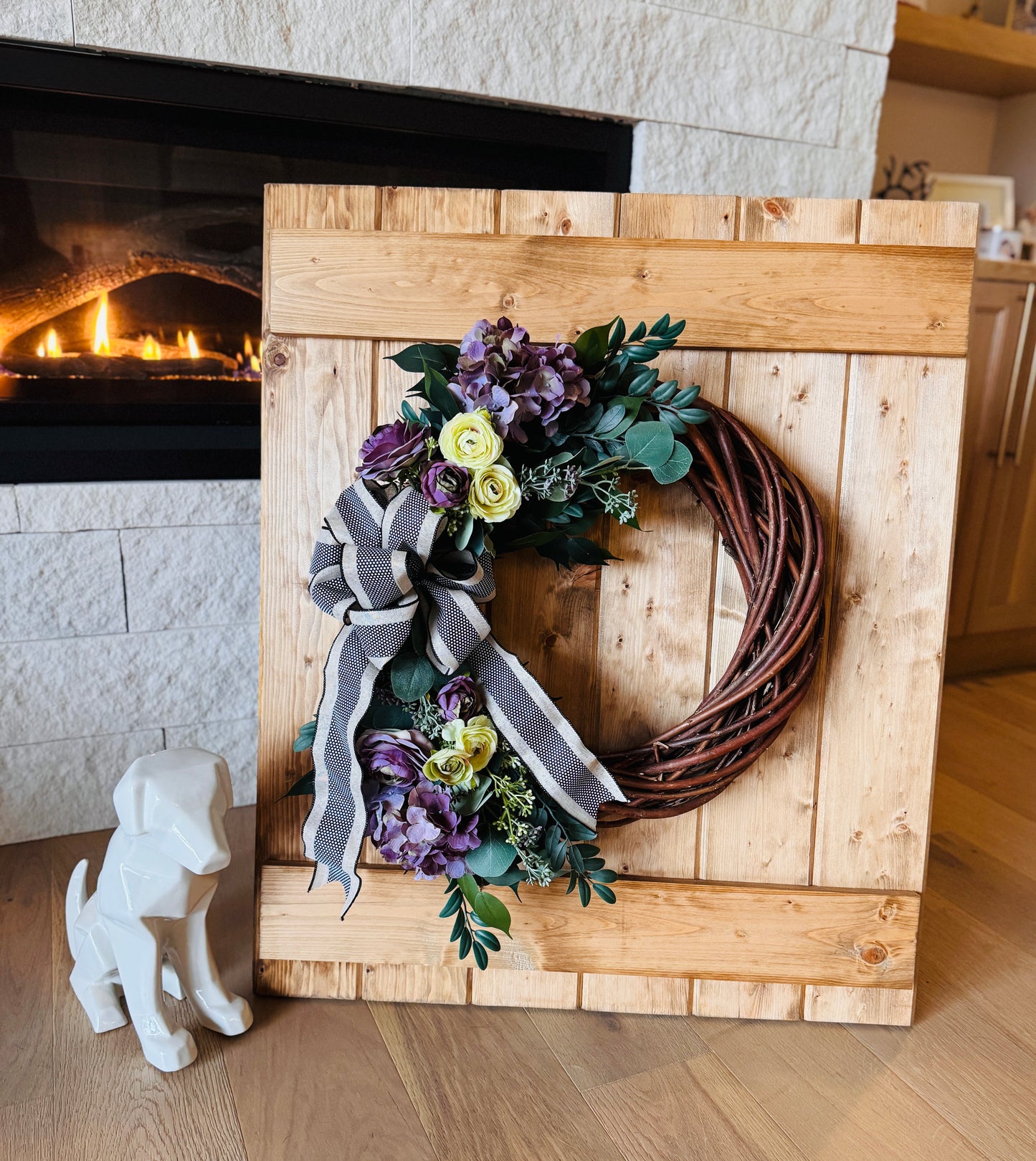 The Eden - Willow Vine with Purple Hydrangeas and Pale Green Ranunculus