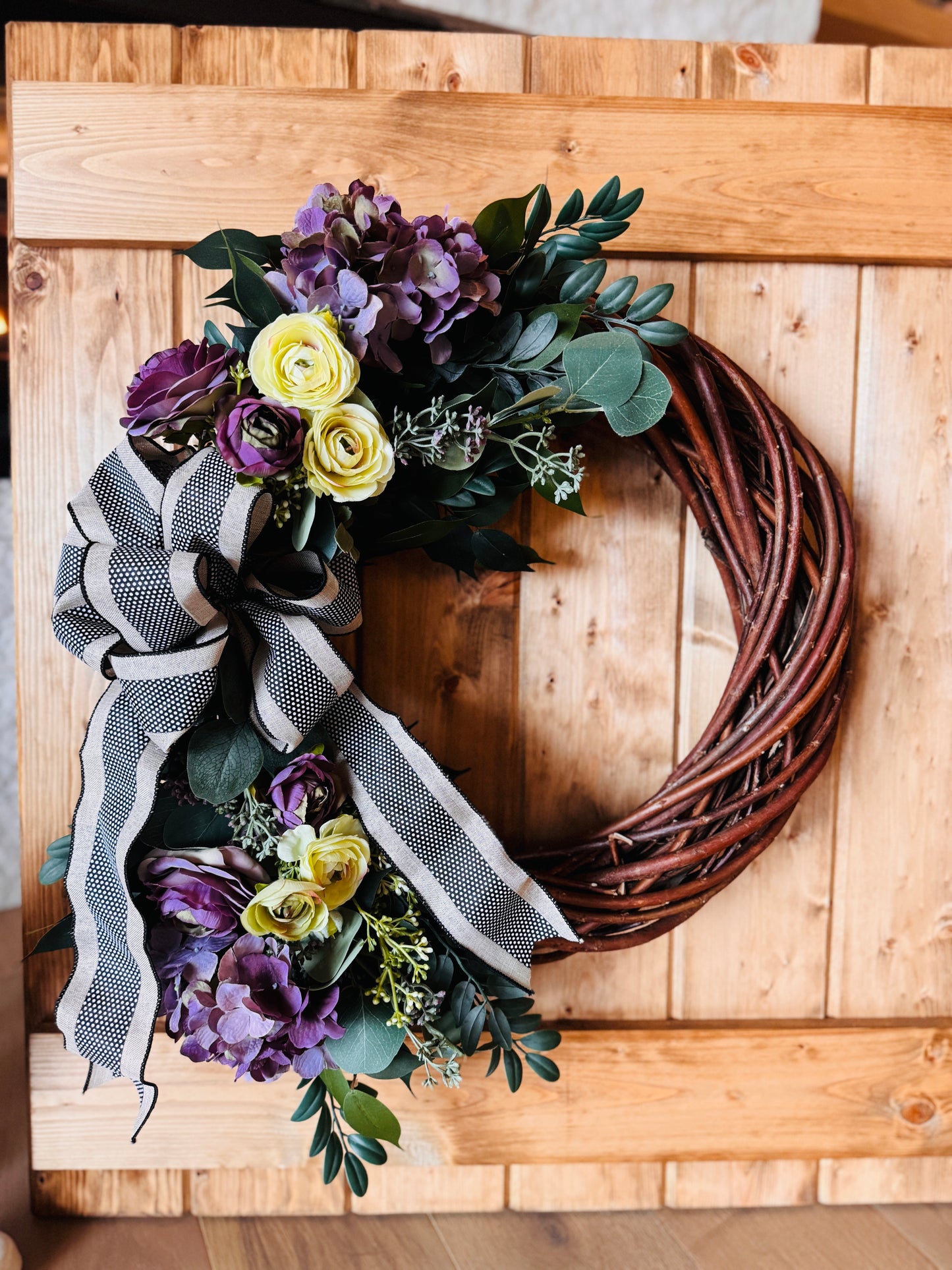 The Eden - Willow Vine with Purple Hydrangeas and Pale Green Ranunculus