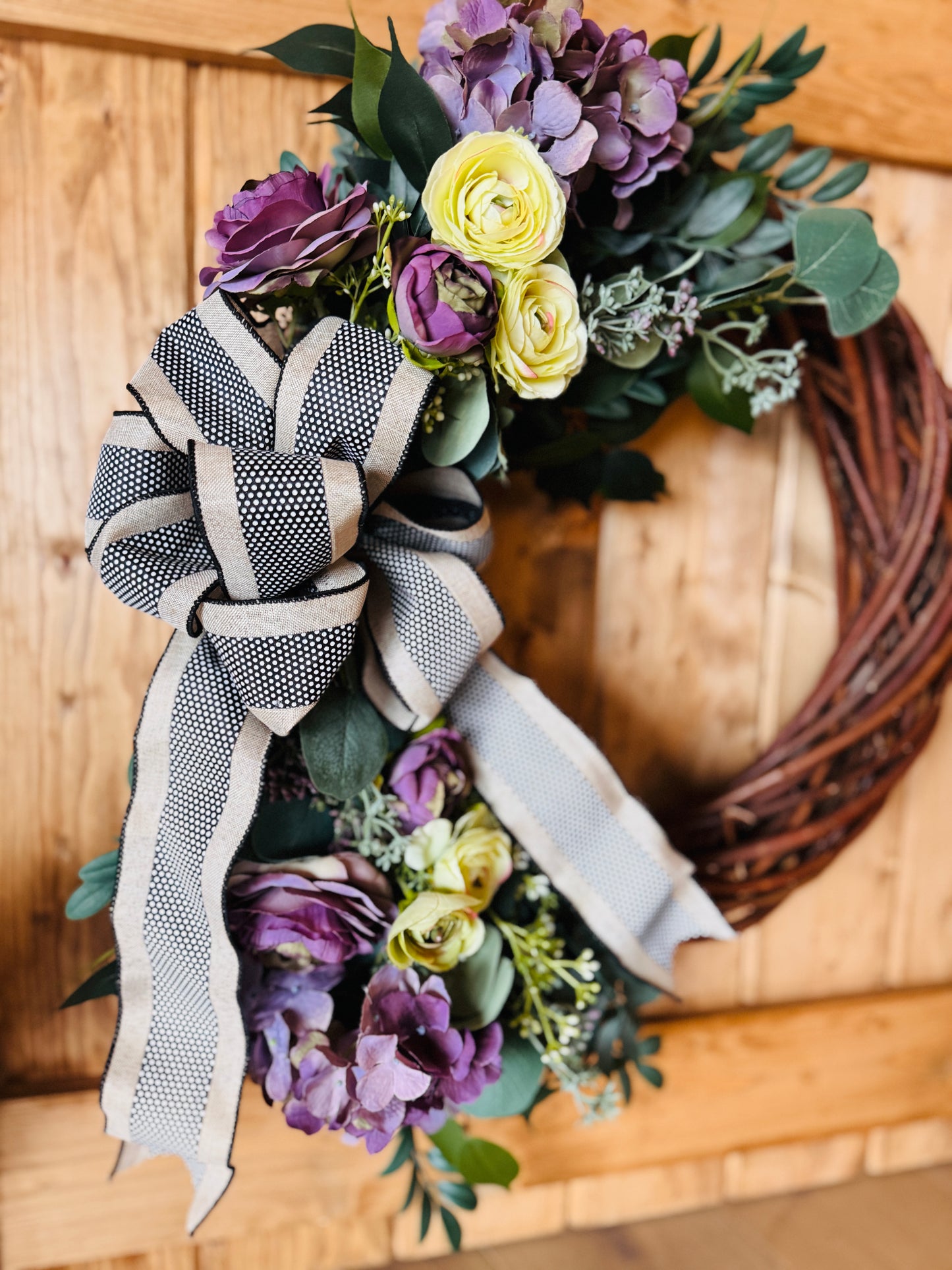 The Eden - Willow Vine with Purple Hydrangeas and Pale Green Ranunculus