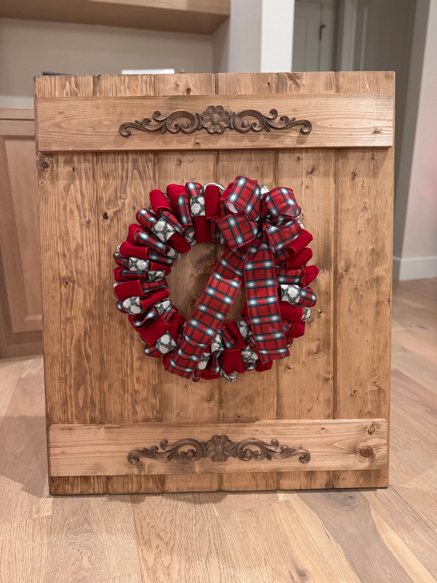 The 54th Street - Plaid, Velvet Red, and Green Sparkle Ribbon Wreath