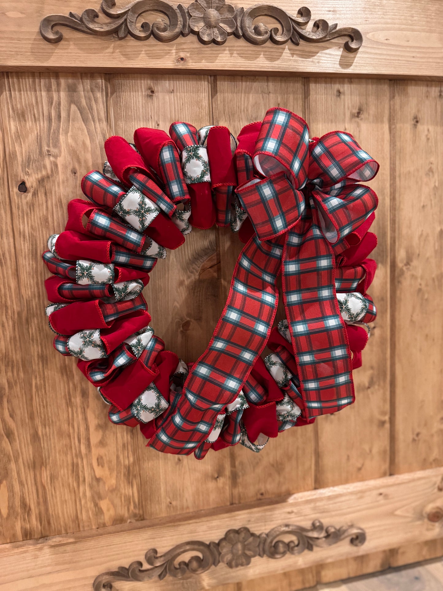 The 54th Street - Plaid, Velvet Red, and Green Sparkle Ribbon Wreath