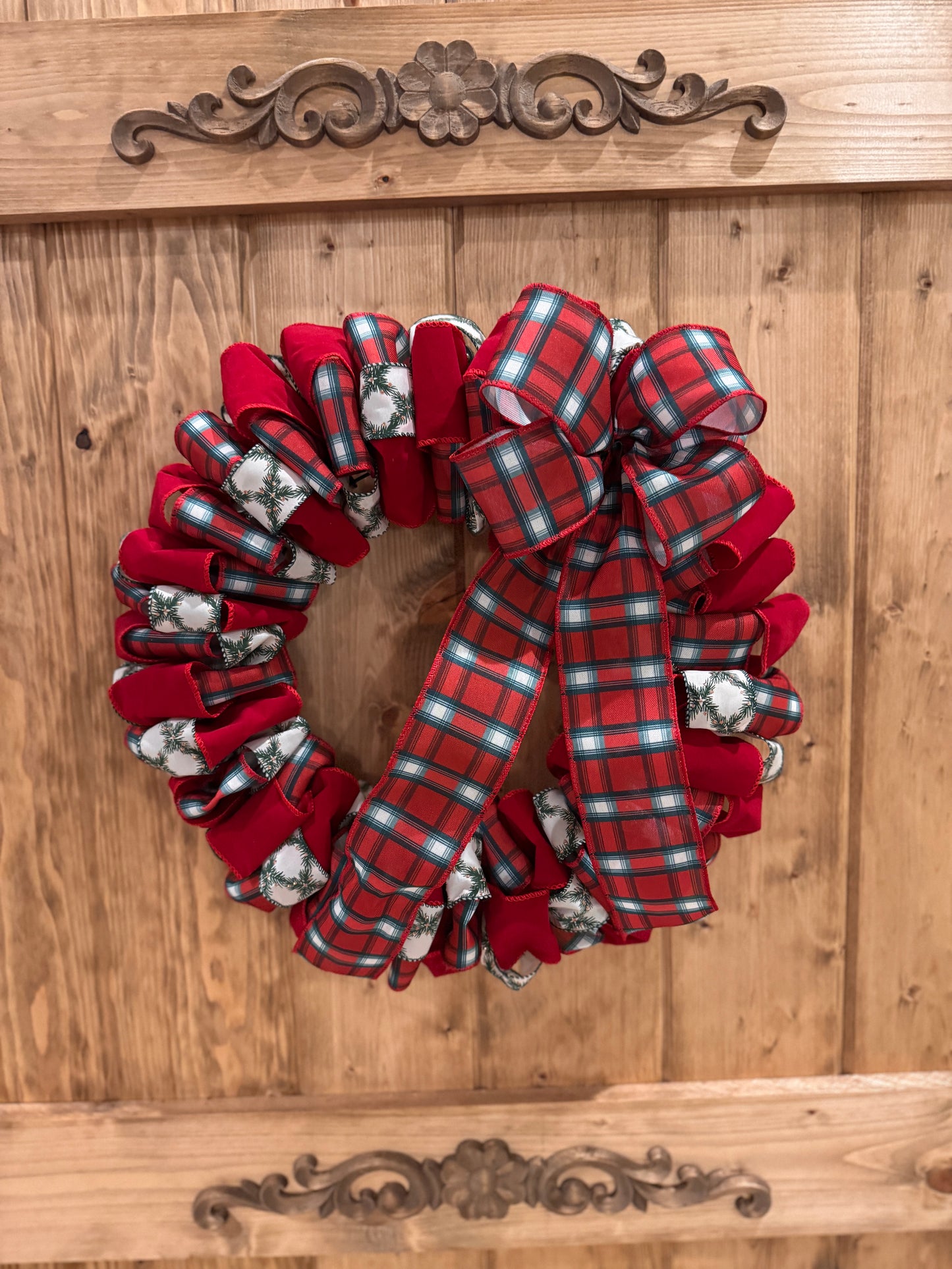 The 54th Street - Plaid, Velvet Red, and Green Sparkle Ribbon Wreath