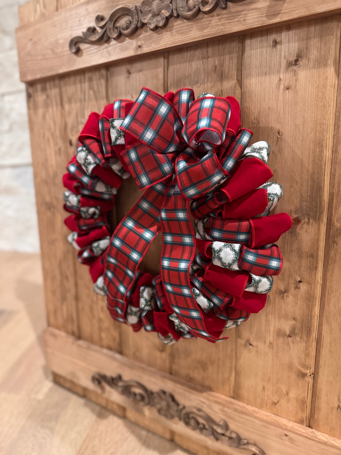 The 54th Street - Plaid, Velvet Red, and Green Sparkle Ribbon Wreath