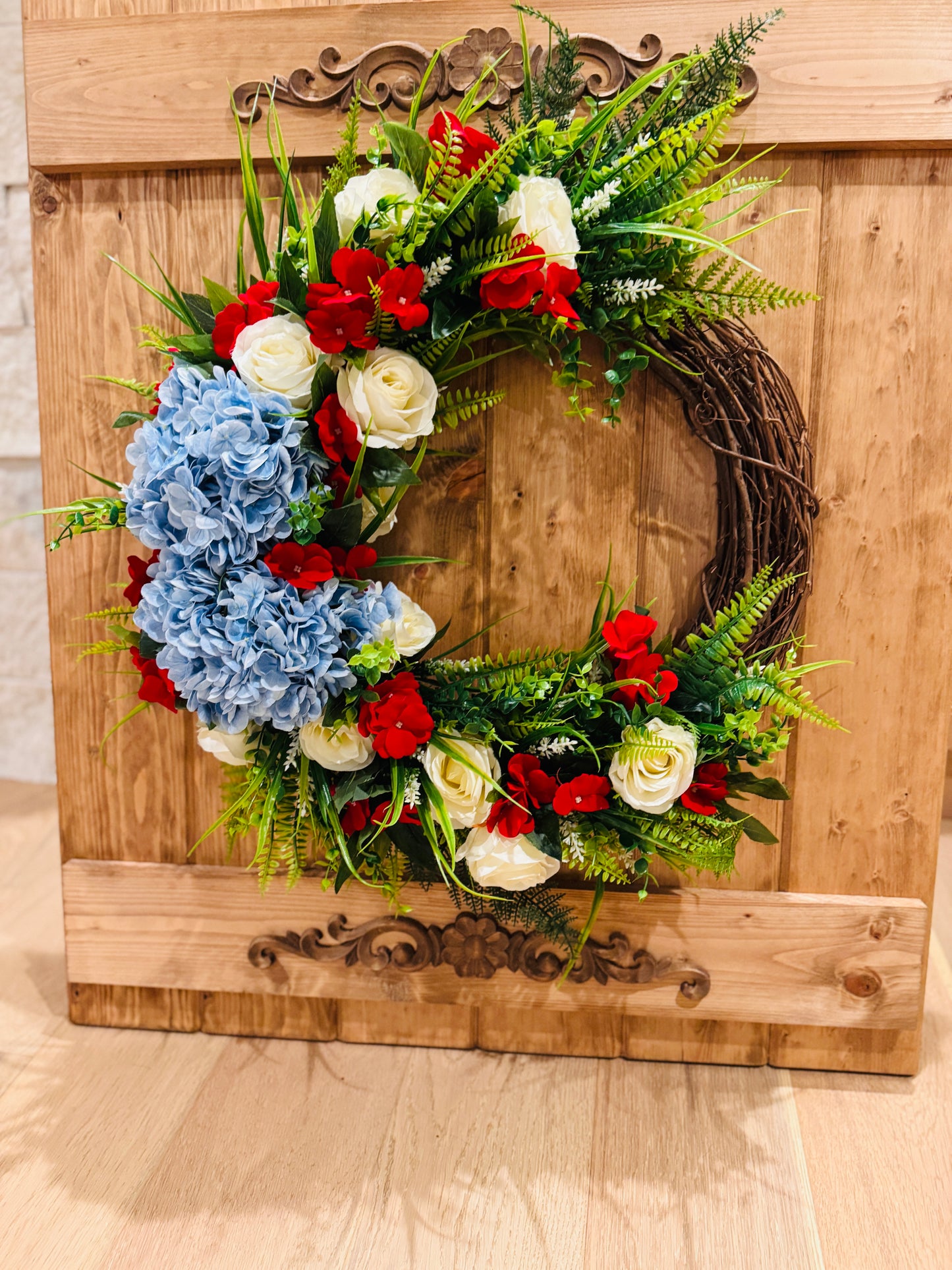 The Patriot - White Rose, Red Impatiens, and Blue Hydrangeas