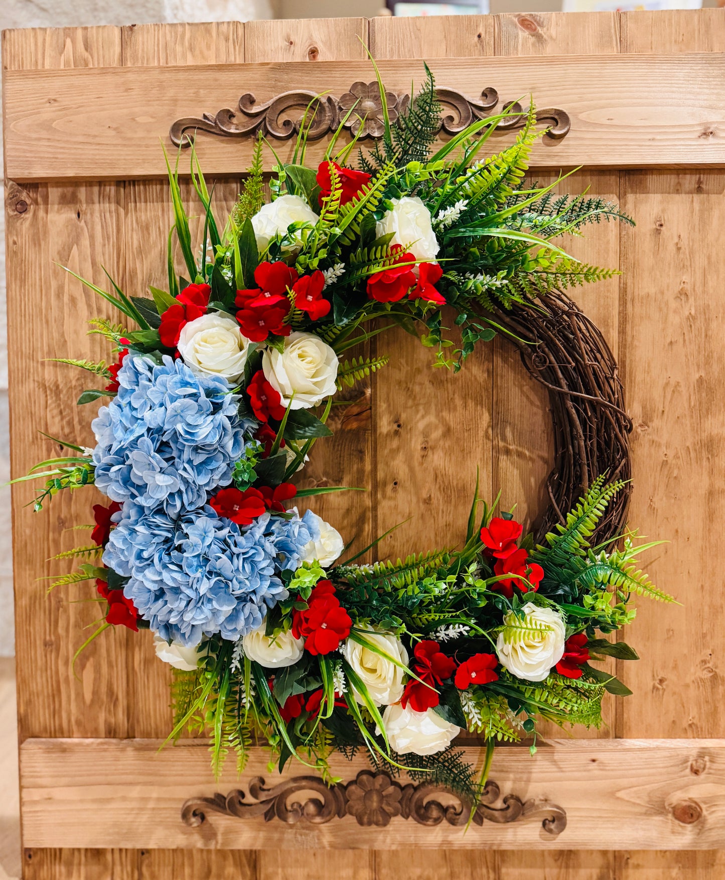 The Patriot - White Rose, Red Impatiens, and Blue Hydrangeas