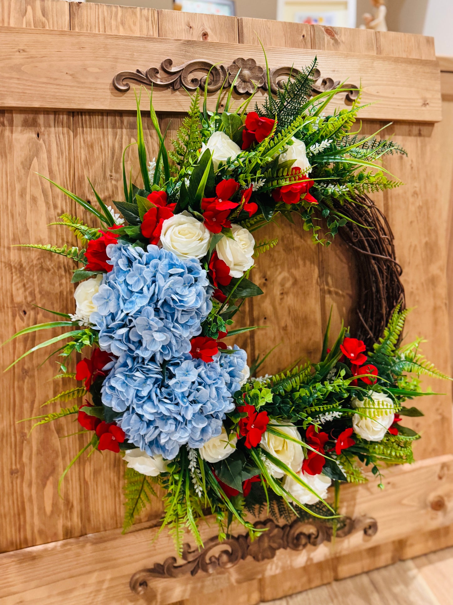 The Patriot - White Rose, Red Impatiens, and Blue Hydrangeas