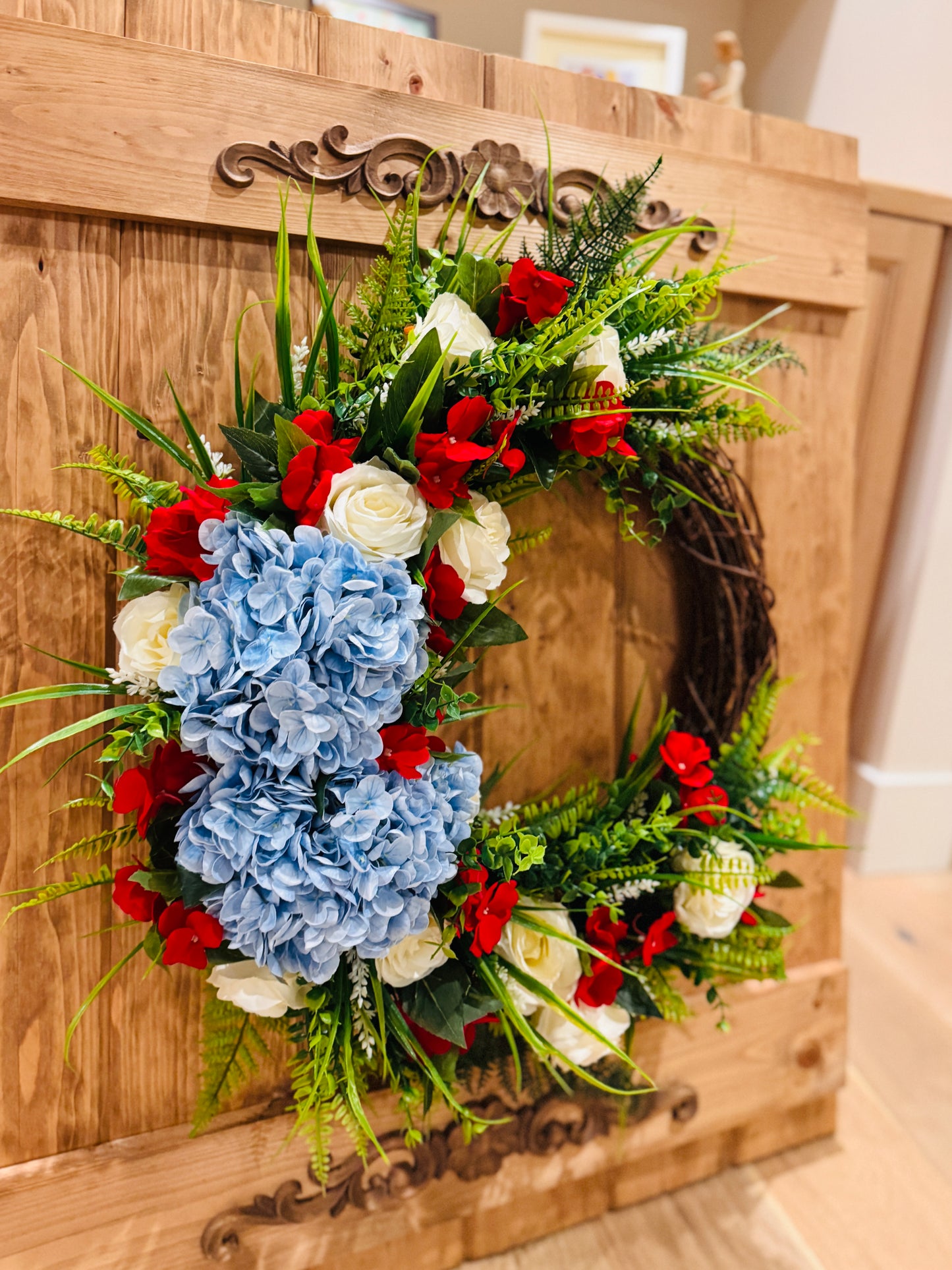 The Patriot - White Rose, Red Impatiens, and Blue Hydrangeas