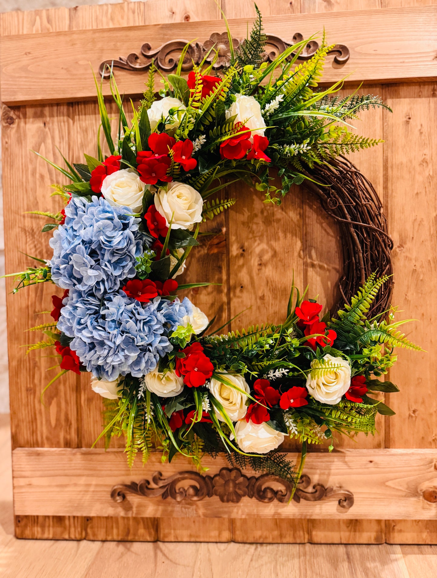 The Patriot - White Rose, Red Impatiens, and Blue Hydrangeas