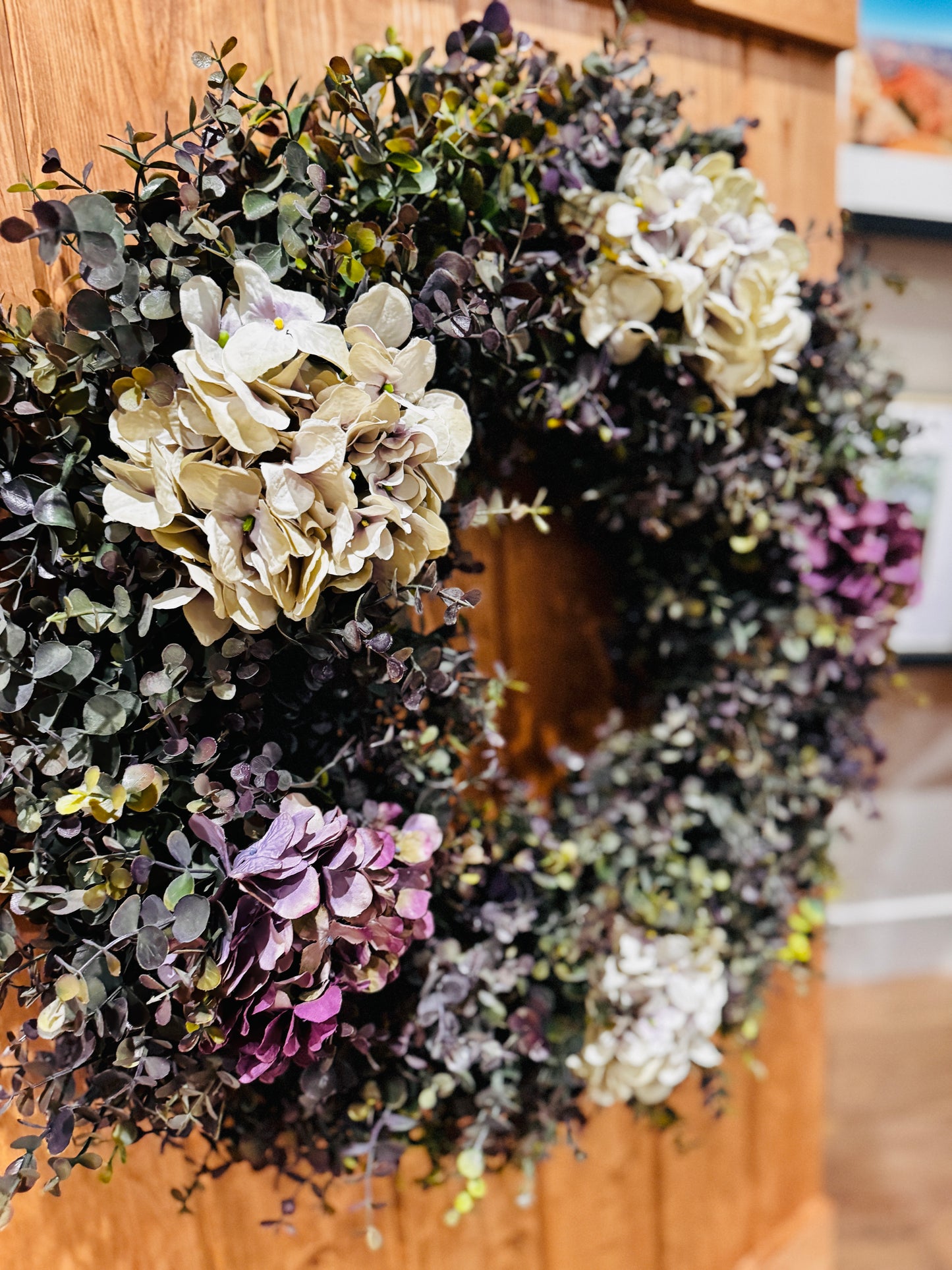 The Monet - Deep Purple Hydrangea and Boxwood Wreath