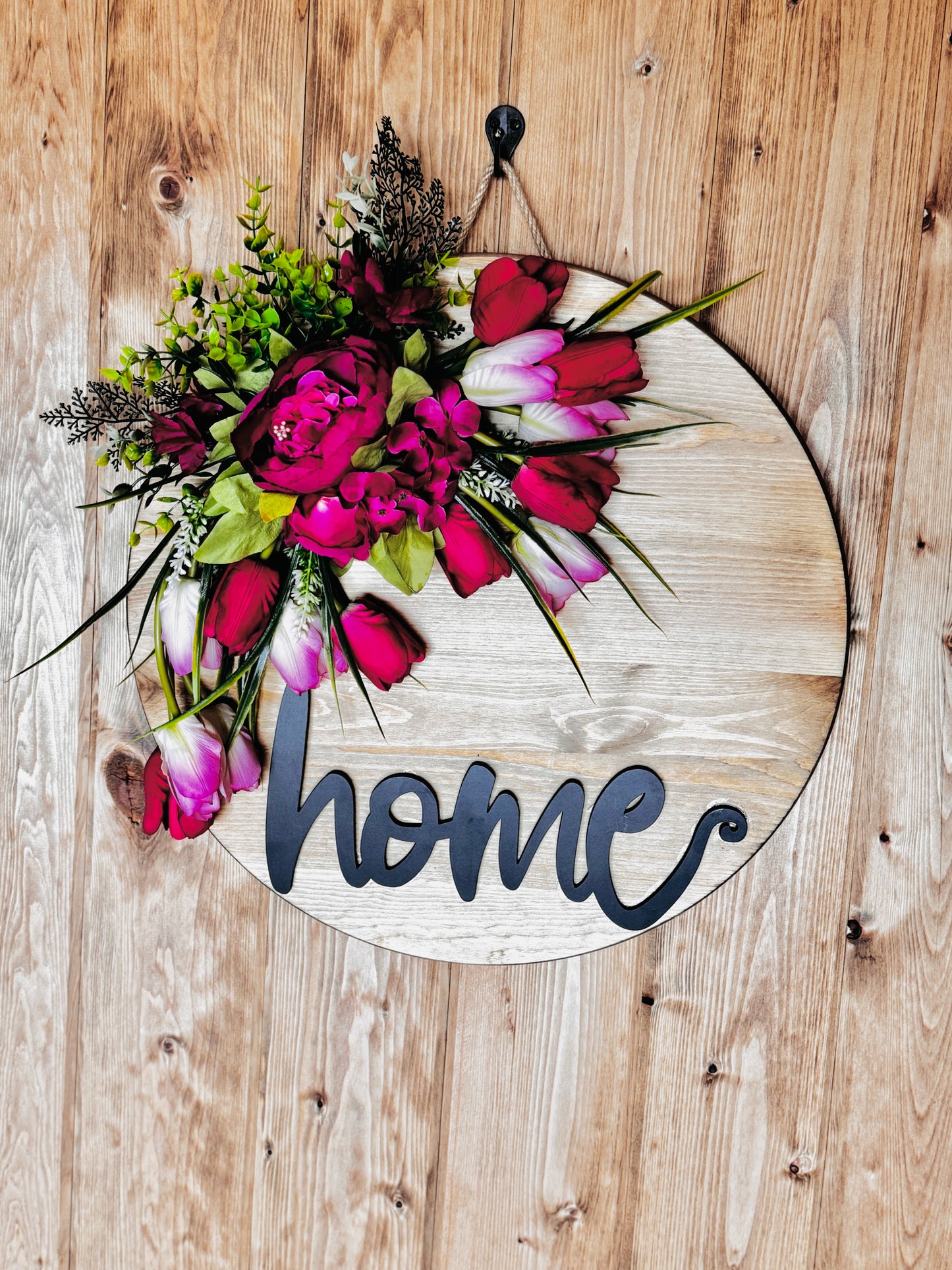 The Homestead - Stained Wood Wall Sign with Tulips and Peonies