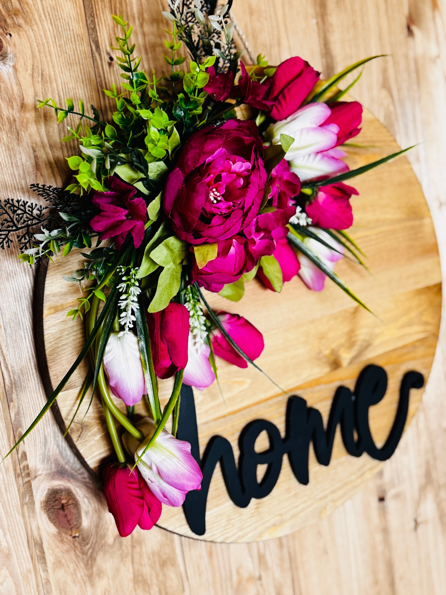 The Homestead - Stained Wood Wall Sign with Tulips and Peonies