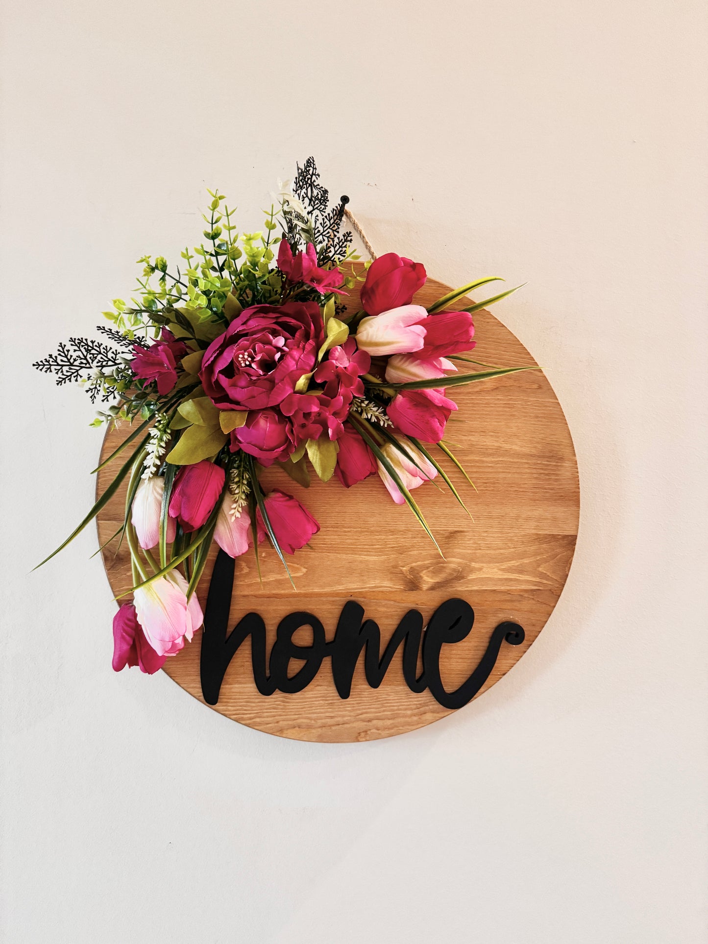 The Homestead - Stained Wood Wall Sign with Tulips and Peonies