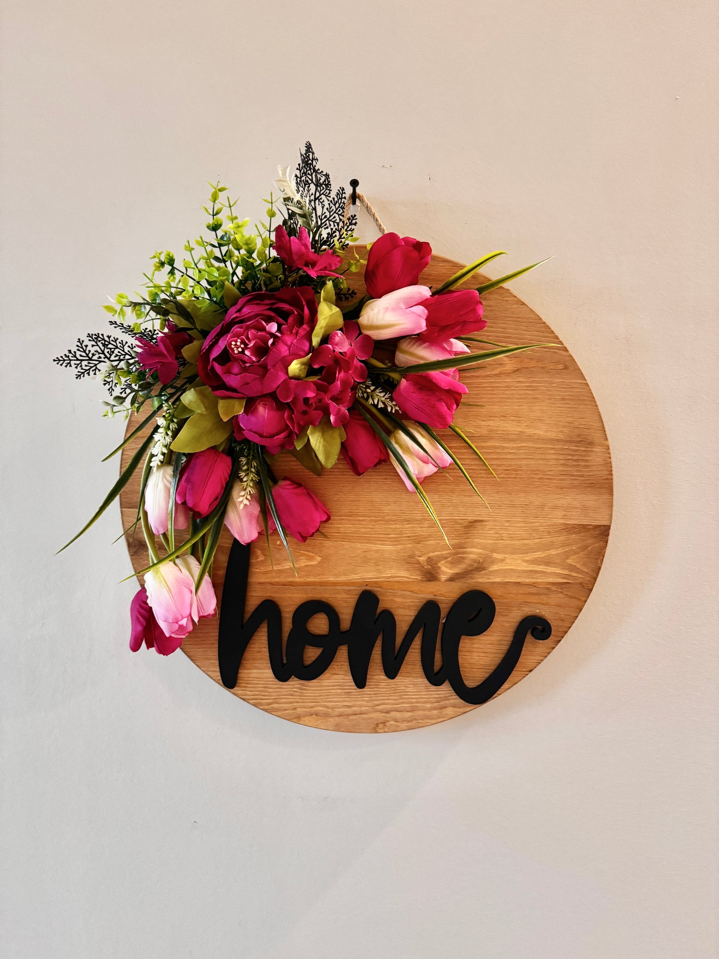 The Homestead - Stained Wood Wall Sign with Tulips and Peonies