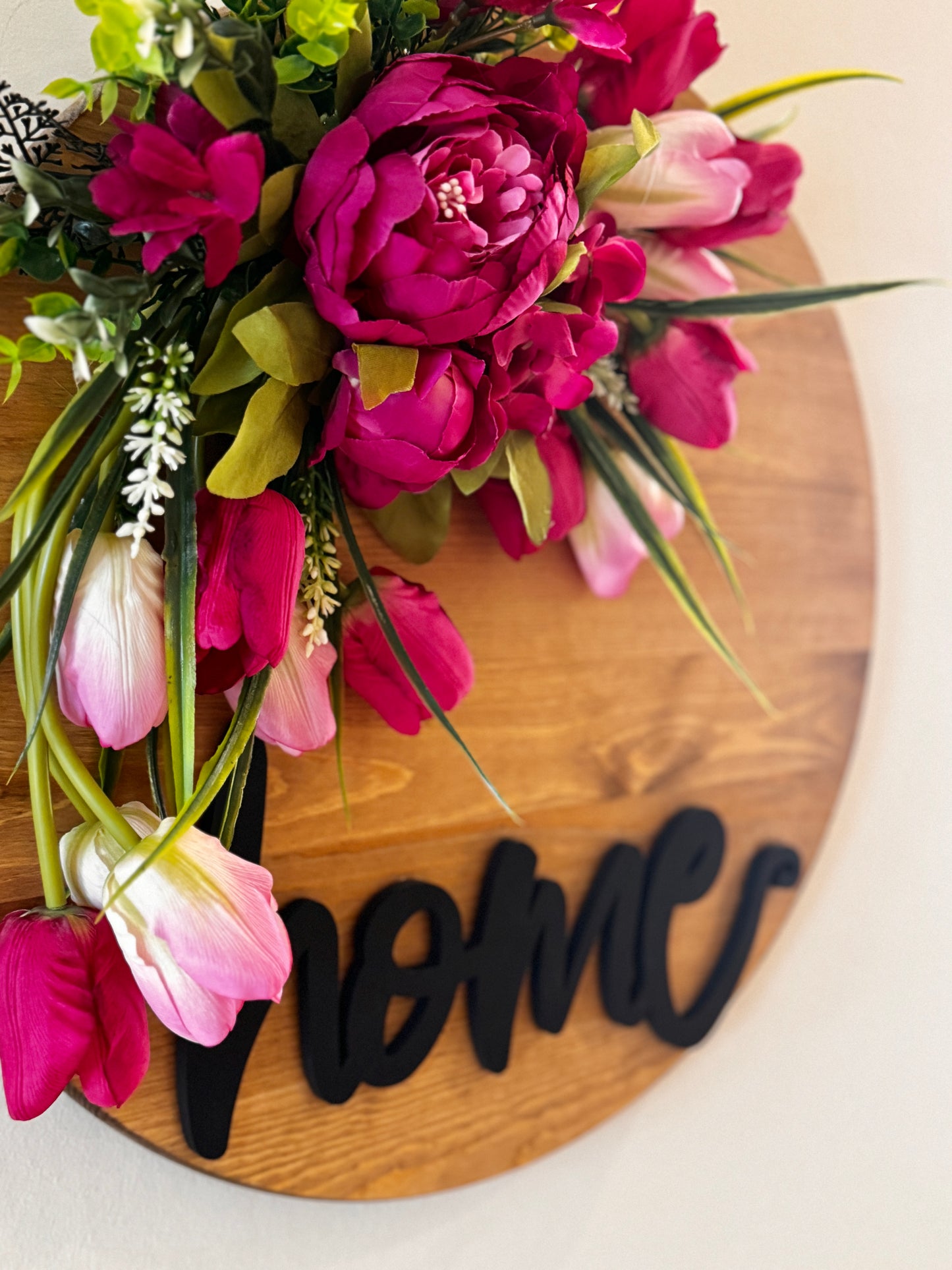 The Homestead - Stained Wood Wall Sign with Tulips and Peonies