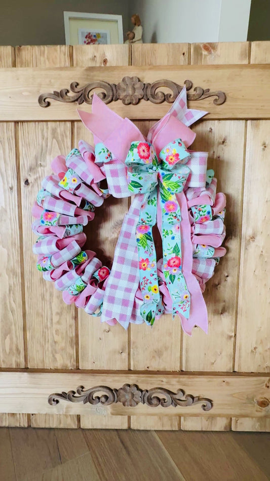 The Secret Garden - Pink Floral and Buffalo Check Ribbon Wreath